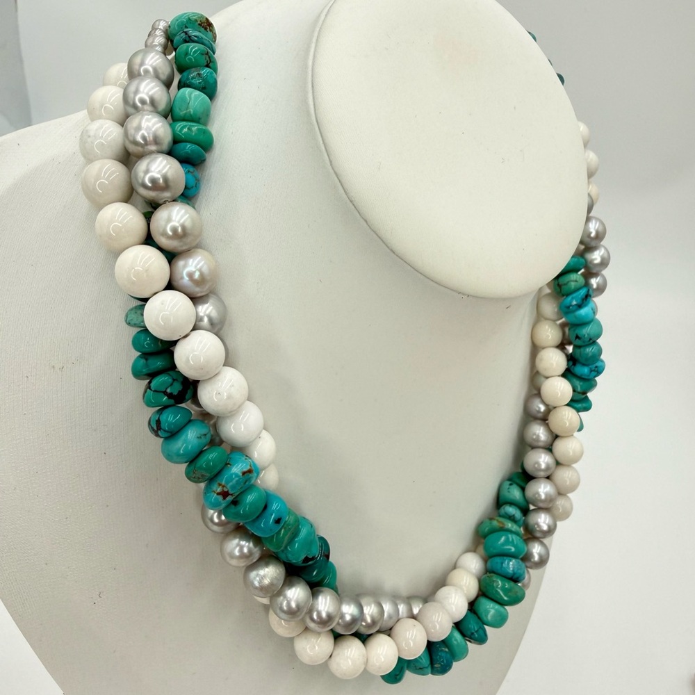 Turquoise Grey Pearl White Agate Triple Strand Necklace 925 Sterling 128g